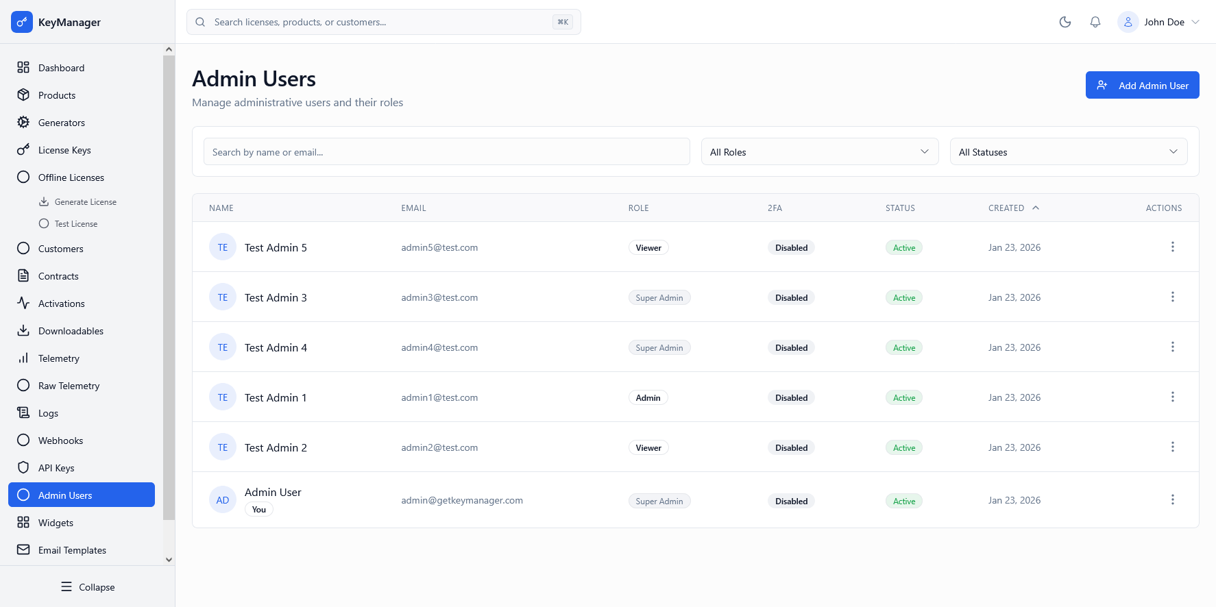 Admin Portal Admin Users Screenshot
