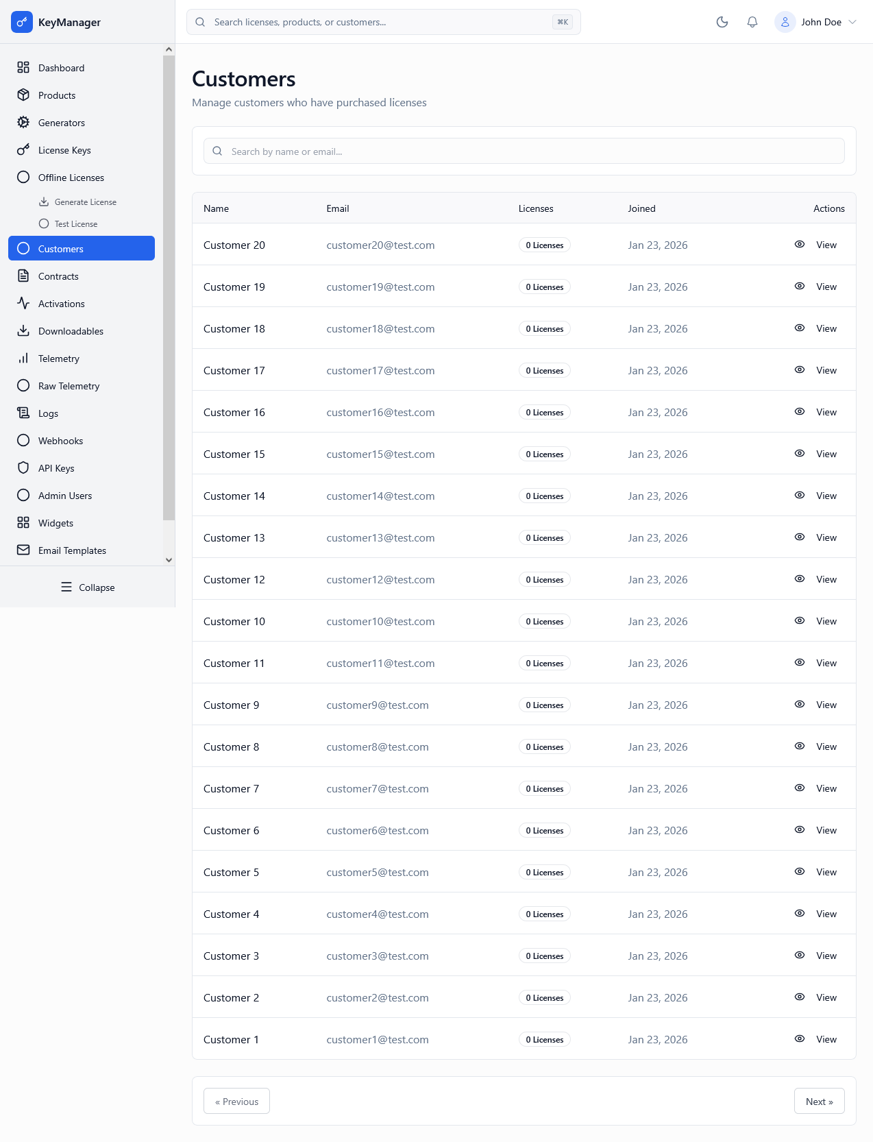 Admin Portal Customers Screenshot