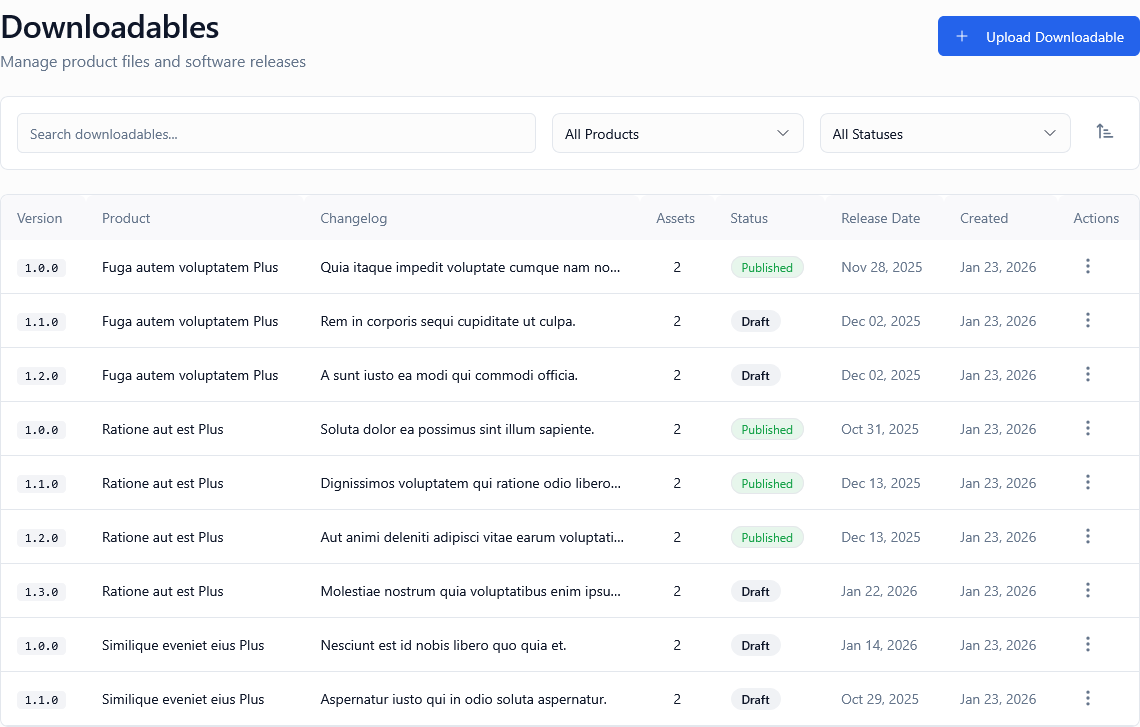 Admin Portal Downloadables Screenshot