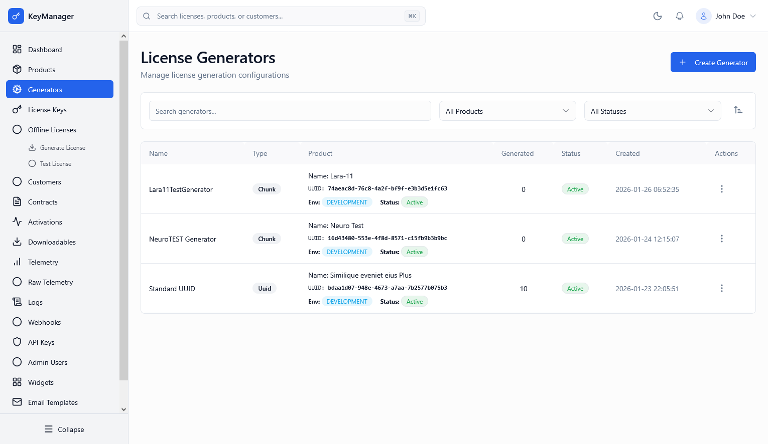Admin Portal License Generators Screenshot
