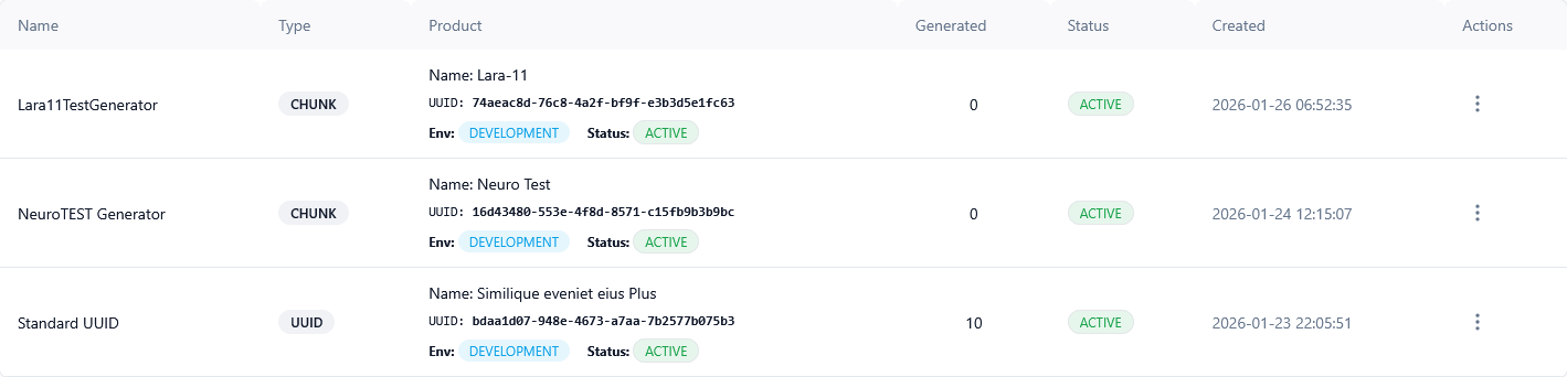 Generators Table Screenshot