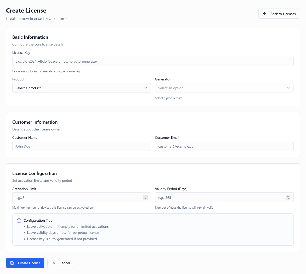 Create License Screenshot