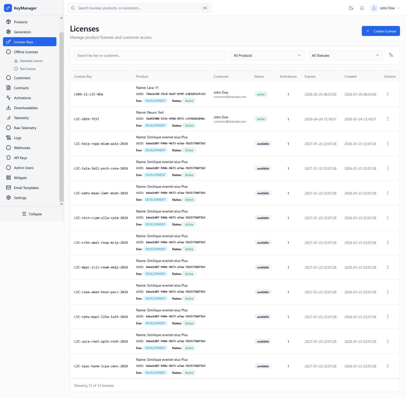 Admin Portal License Keys Screenshot