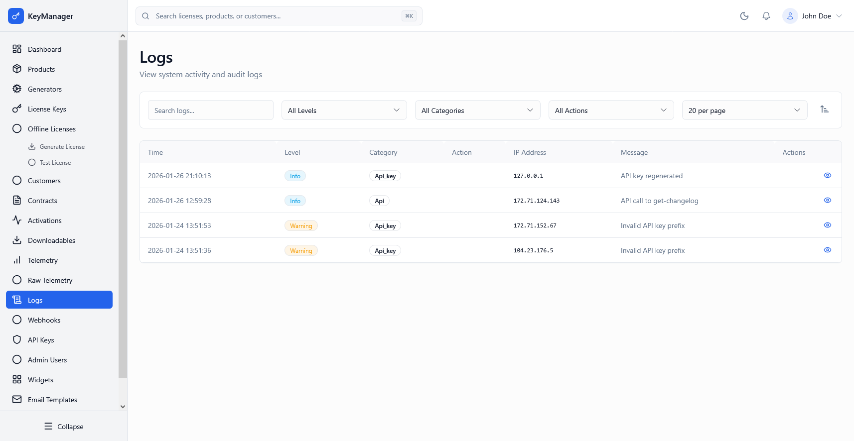 Admin Portal System Logs Screenshot
