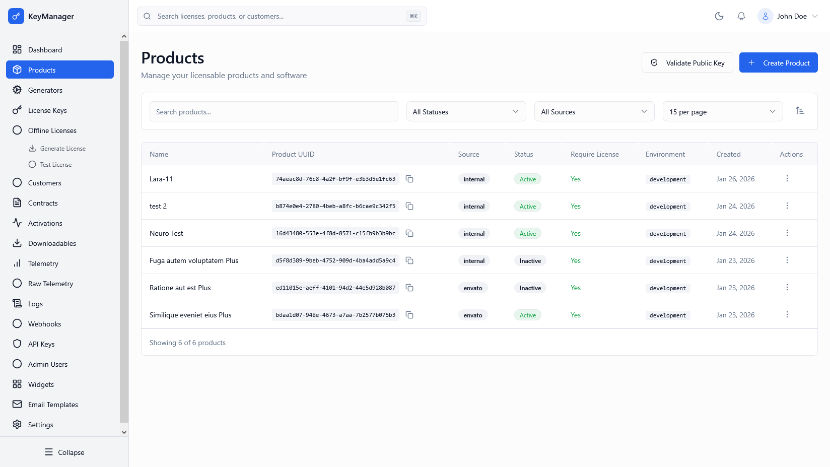 Admin Portal Products Screenshot