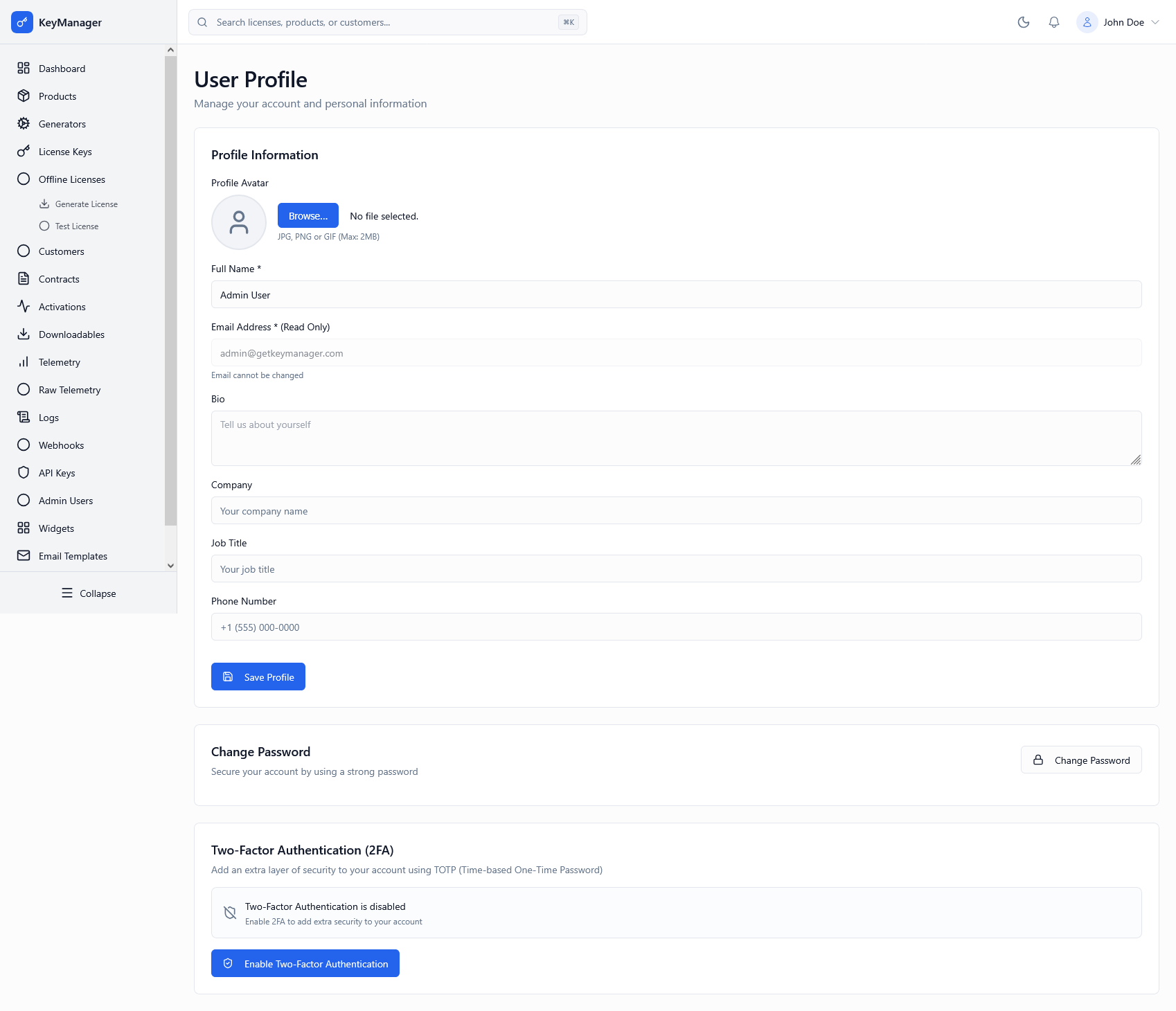 Admin Portal Profile & Security Screenshot