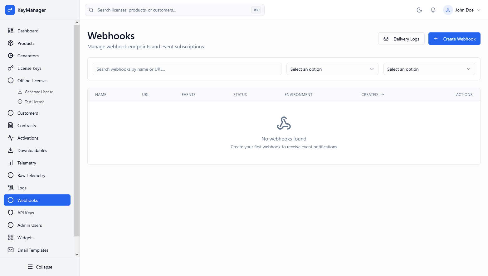 Admin Portal Webhooks Screenshot