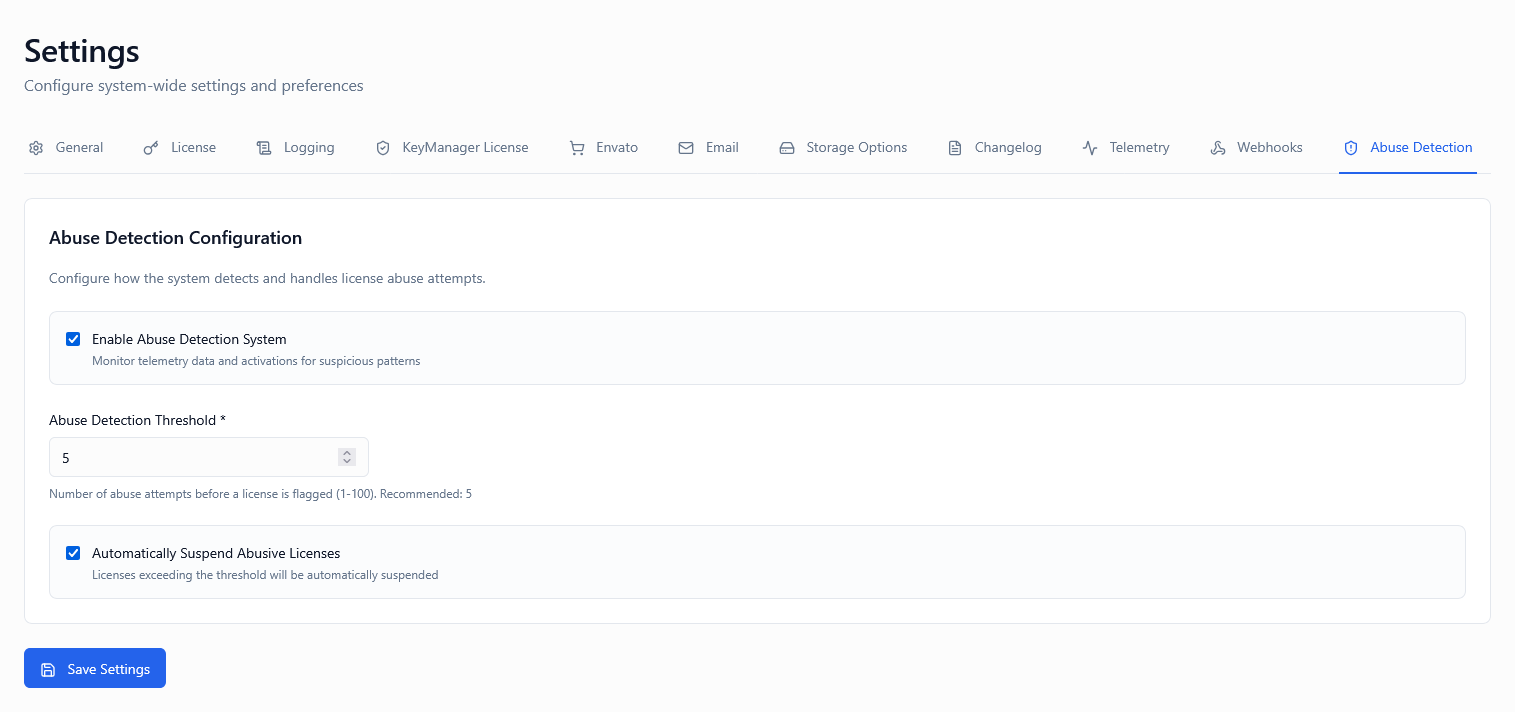 Abuse Detection Settings Tab