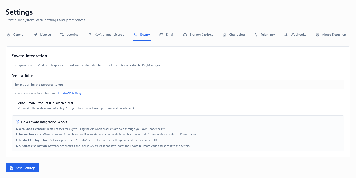 Envato Integration Tab