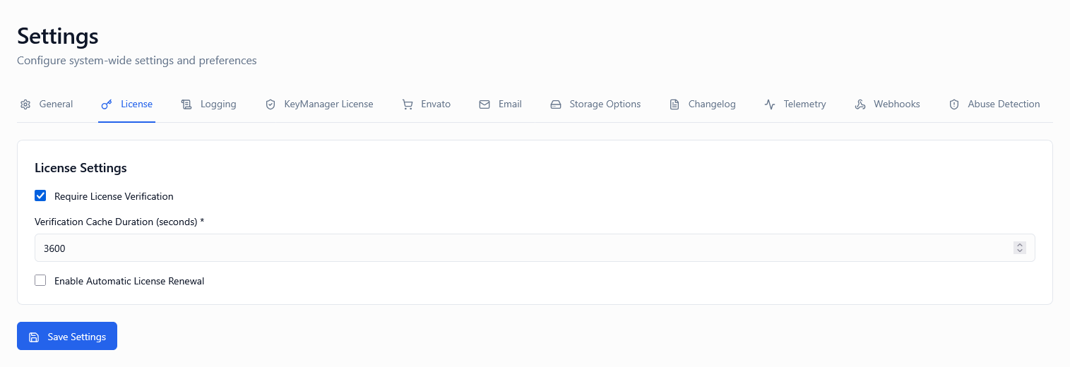 License Settings Tab